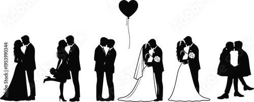 Romantic couple silhouette set with kissing lovers, wedding bride and groom, heart balloon, and love relationship illustrations isolated