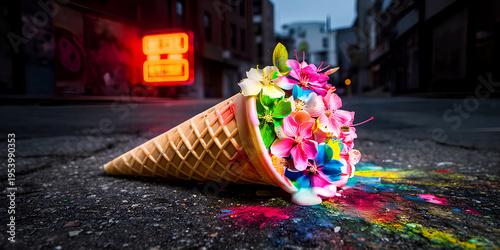 Vibrant flower ice cream cone spills colorful powder on street.