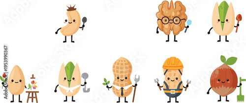 Cute nut characters professions collection including almond walnut peanut pistachio worker artist farmer cartoon vector illustration set