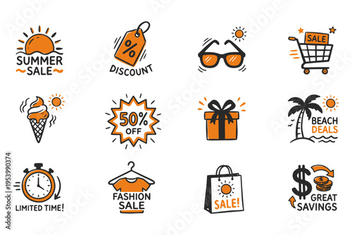 Hand-drawn summer sale icon set in orange and black. Includes seasonal and marketing elements. Suitable for social media, promotions, e-commerce, posters, and seasonal campaigns.