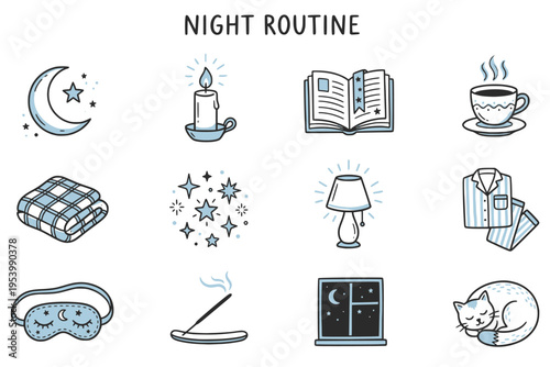 Hand-drawn night routine icon set with cozy evening elements. Suitable for social media, apps, slow life projects, planners, prints, and lifestyle illustrations.
