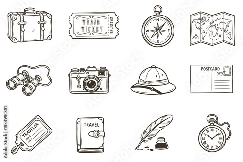 Tableau sur toile Hand-drawn vintage travel icon set in sketch style
