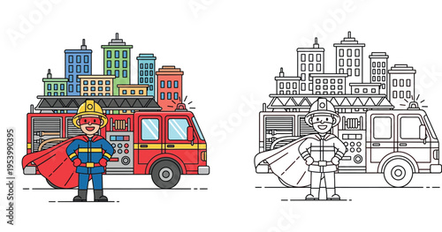 Superhero Firefighter standing in front of a Fire Truck and City Skyline Color and Line Art Versions for Kids Coloring Book Vector Illustration
