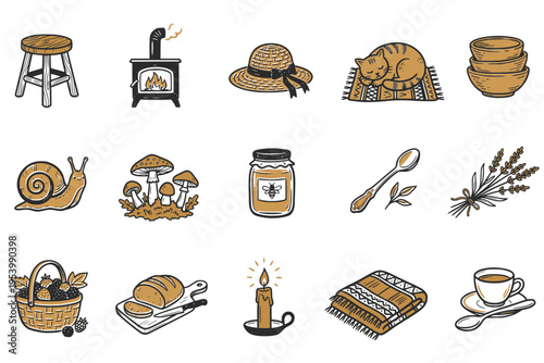 Hand-drawn cottagecore icon set in black and ochre, featuring cozy rural objects, baked goods, herbs, and forest elements. Suitable for social media, stickers, prints, planners, and lifestyle designs.