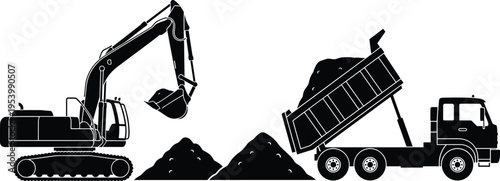 Excavator and dump truck silhouettes with soil piles, construction machinery vector illustration, heavy equipment transport and digging concept, isolated on light background, black design