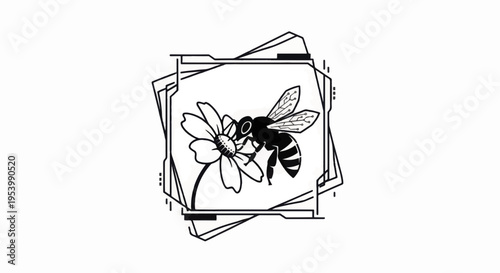 Bee on Flower Hand Drawn Illustration.