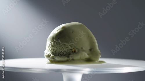 A scoop of green tea ice cream on a white stand, with soft lighting and a dark background, creating an artistic food photography shot