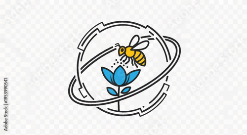 Bee Pollinating Flower Inside Globe Icon.