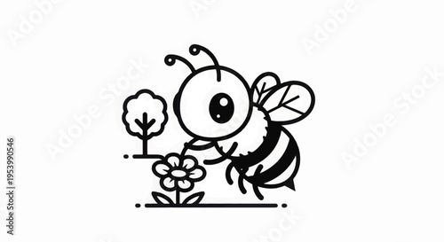 Cartoon Bee Collecting Nectar from Flower.