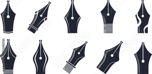 Fountain pen nib silhouettes set with modern ink tips collection minimal vector illustration