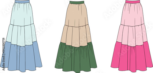 Tiered maxi skirt collection with multiple color variations, flowing layered fashion design, elegant women apparel illustration set isolated on clean background for styling projects