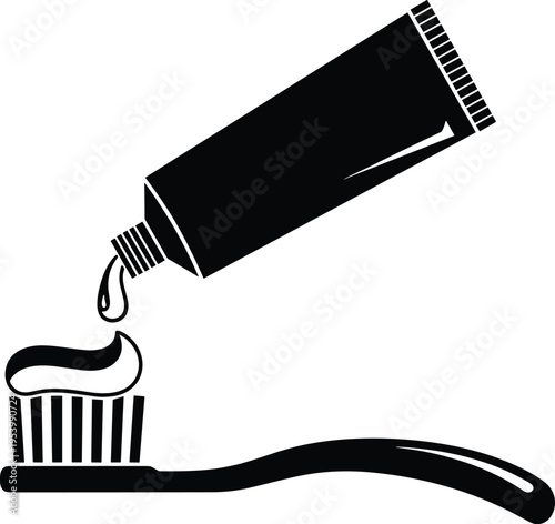 Toothpaste and toothbrush silhouette illustration, dental hygiene concept with toothpaste tube applying paste on brush isolated on gray background