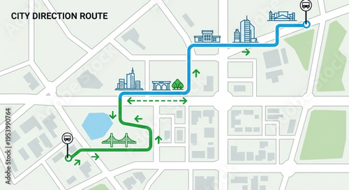 City Direction Route Map with Buildings and Green Spaces.