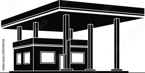 Gas station silhouette vector illustration, modern fuel service building with pumps canopy and convenience store for urban transportation energy infrastructure design concept