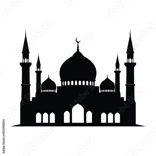 A black silhouette of a mosque with minarets and domes on a white background.