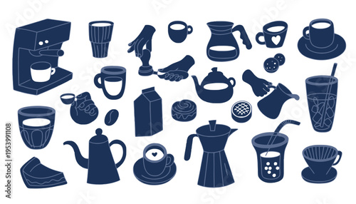 Coffee icon set with various cups and teapots illustration