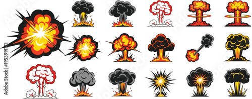 Stylized vector illustration of explosions with fire, smoke, shockwaves, mushroom clouds, cartoon detonations, dramatic blast effects, graphic design