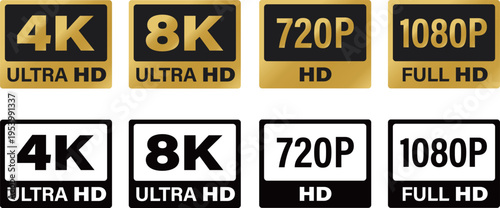 Resolution Icons Set 4K 8K 1080P 720P Video Quality Labels Vector