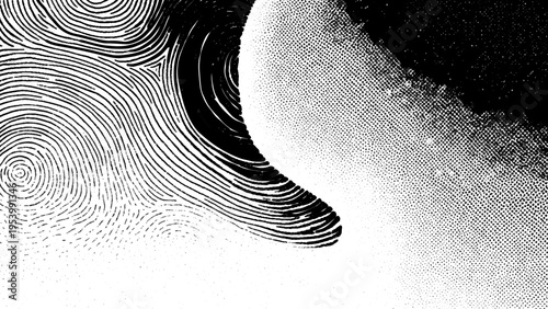 Halftone gradient illustration with curved lines and dots in black and white tones