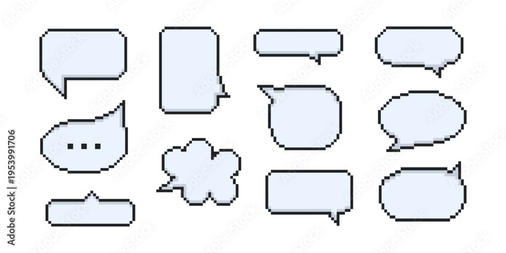 Obraz premium Pixel Art Empty Speech Bubble Message Vector Set. Retro pixelated dialogue boxes in 8 bit style