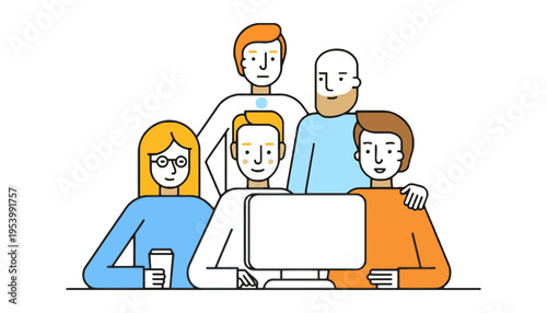 A group of people illustration sitting around a computer screen together