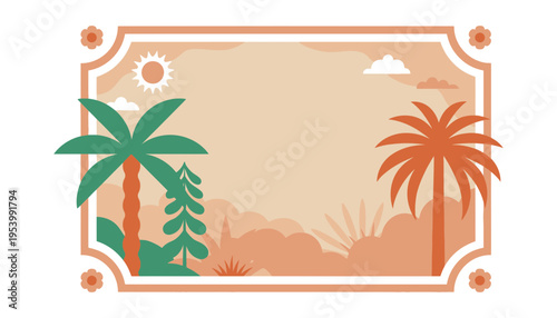 A tropical landscape illustration with palm trees and sunny weather