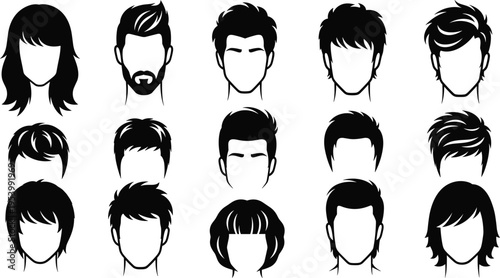 Men and women hairstyle silhouettes collection with modern haircuts short and medium styles vector illustration