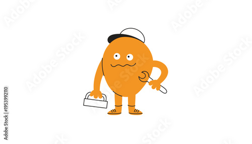 A cartoon orange character holding a wrench and toolbox standing alone