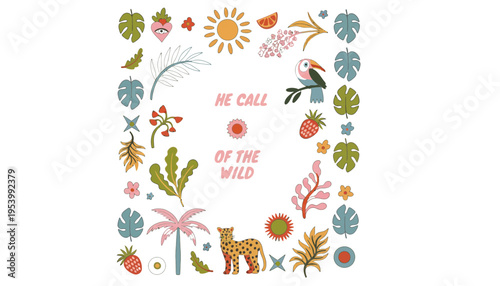 Wildlife illustration of jungle animals and plants with colorful design