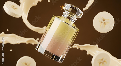 Elegant perfume bottle with splash and banana slices product presentation