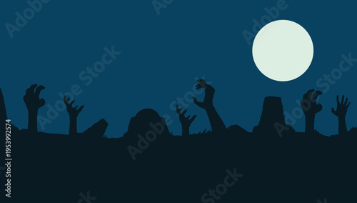 Spooky graveyard silhouettes hands rising moon night horror vector illustration design element for Halloween background and dark scary theme use