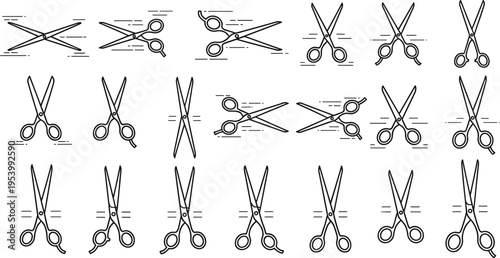 Hairdressing scissors icons collection with barber tools line art set professional cutting shears vector illustration