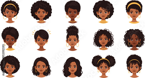 African women hairstyles collection with natural curly afro hair diverse female portraits vector illustration
