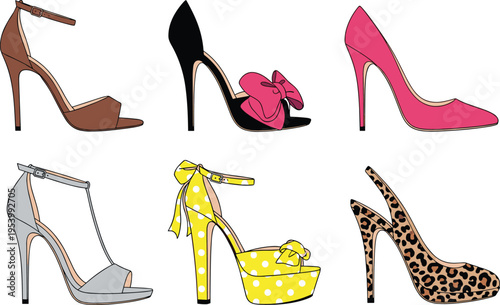 High heel shoes vector set, stylish women footwear collection, elegant stiletto pumps and sandals, fashion accessories illustration, trendy luxury heels isolated design