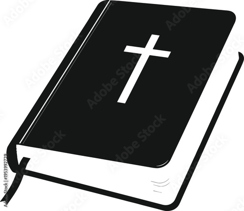 Holy Bible book vector illustration, Christian religious scripture with cross symbol, sacred text design, faith spirituality concept, black and white isolated icon