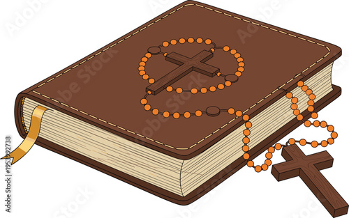 Holy Bible book with rosary beads and wooden cross, Christian religious vector illustration, spiritual faith symbol, detailed design, isolated on light background