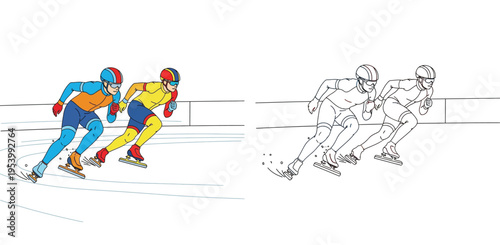 Speed skating race vector illustration featuring colored and black and white line art versions of two athletes competing on an ice track.