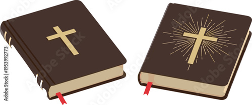 Holy Bible books with golden cross symbols, Christian religious literature vector illustration set, sacred scripture collection, faith concept, isolated on light background, flat design