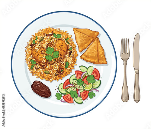 Savory Chicken Biryani with Samosas, Fresh Salad, and Date on a Plate with Utensils