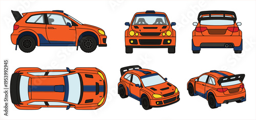 Detailed Vector Illustrations of an Orange Rally Car from Multiple Angles