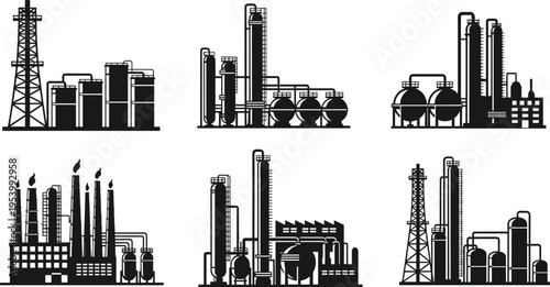 Industrial refinery icons set vector illustration, oil gas factory plants with tanks pipelines towers and rigs silhouette collection for energy production infrastructure design