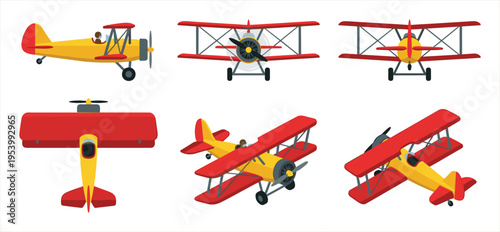 Collection of Vintage Biplanes in Various Perspectives, Illustrating Aviation History