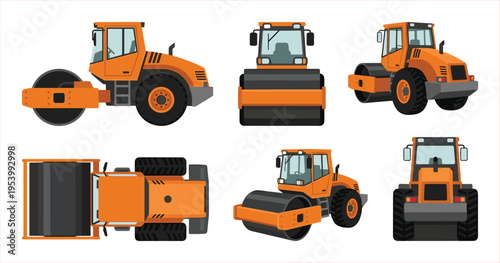 Orange Road Roller Construction Vehicle from Multiple Angles
