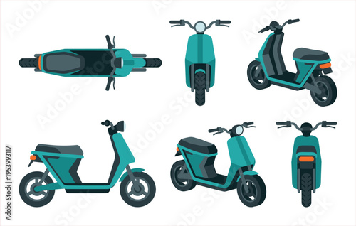 Teal Electric Scooter Presented in Multiple Views: Top, Front, Side, and Angled Perspectives