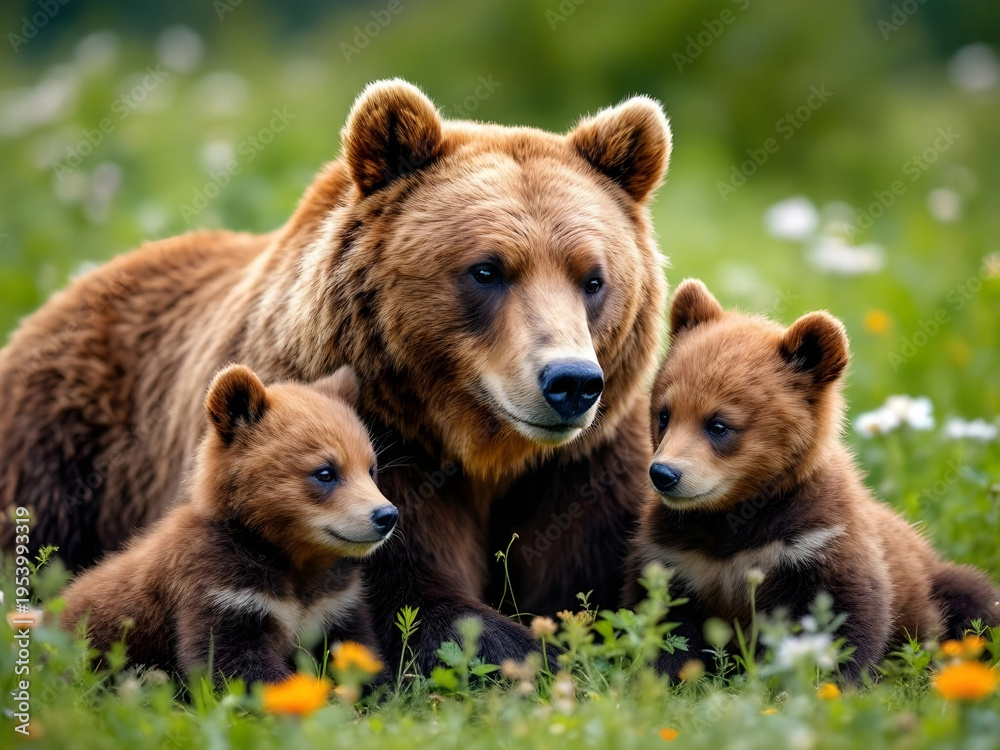 Fototapeta premium Brown Bear Mother with Two Cubs in Flower Meadow