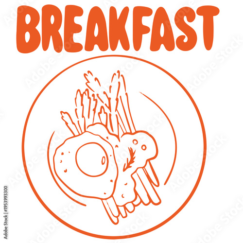 Breakfast hand drawn doodle with fried egg bacon and plate meal illustration
