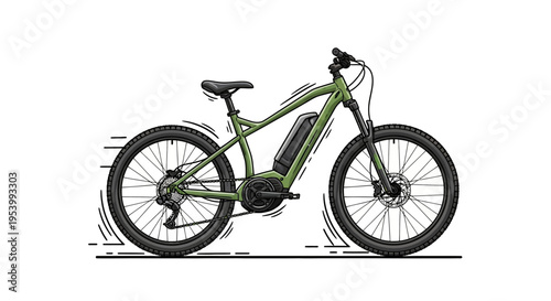 Green electric mountain bike with motion lines on white background