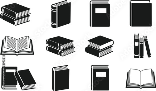 Minimalist black book icons set, stacked books, open book, hardcover and notebook silhouettes, education library reading symbols vector illustration isolated design