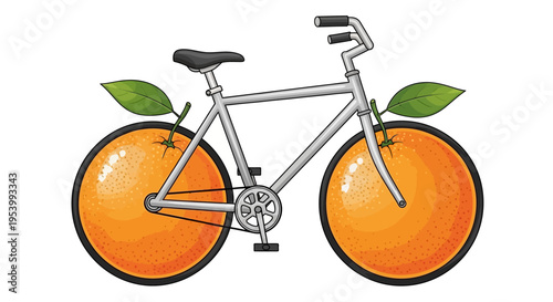 Cartoon bicycle with orange wheels and green leaves