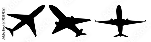 Commercial airplane set with minimalist vector icon ascending at a slight upward angle featuring silhouette, clean lines, solid black fill with monochrome and professional travel